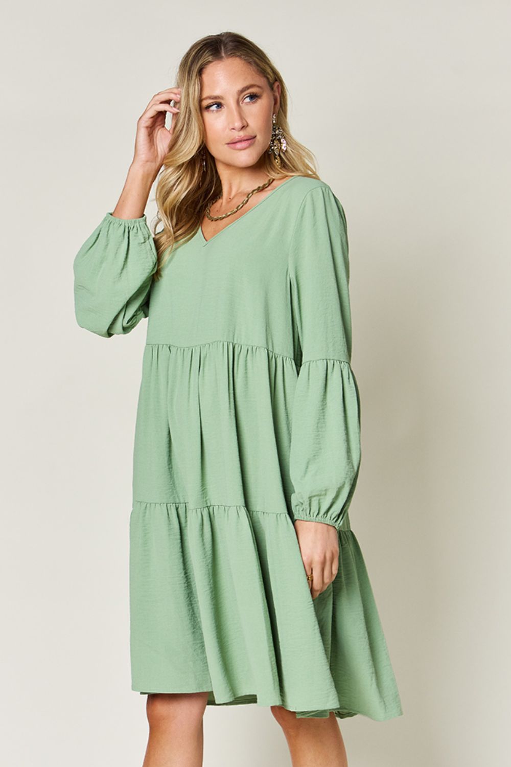 Double Take Full Size V - Neck Balloon Sleeve Tiered Dress with Pockets - Admiresty