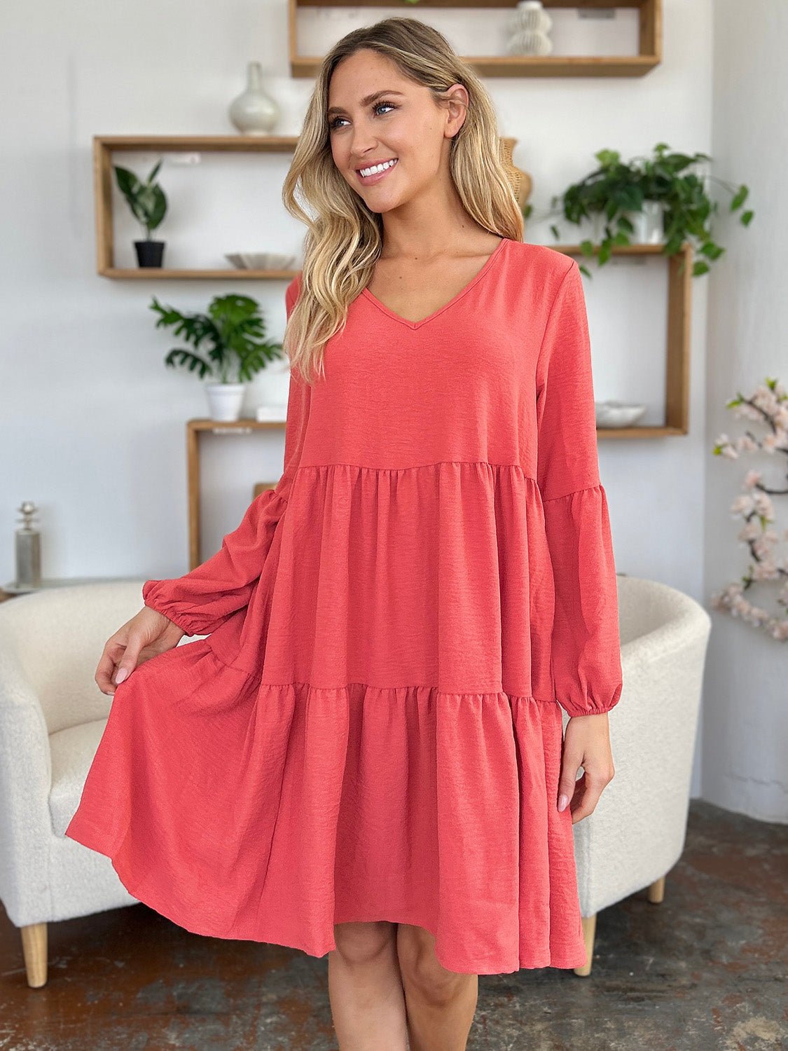 Double Take Full Size V - Neck Balloon Sleeve Tiered Dress with Pockets - Admiresty