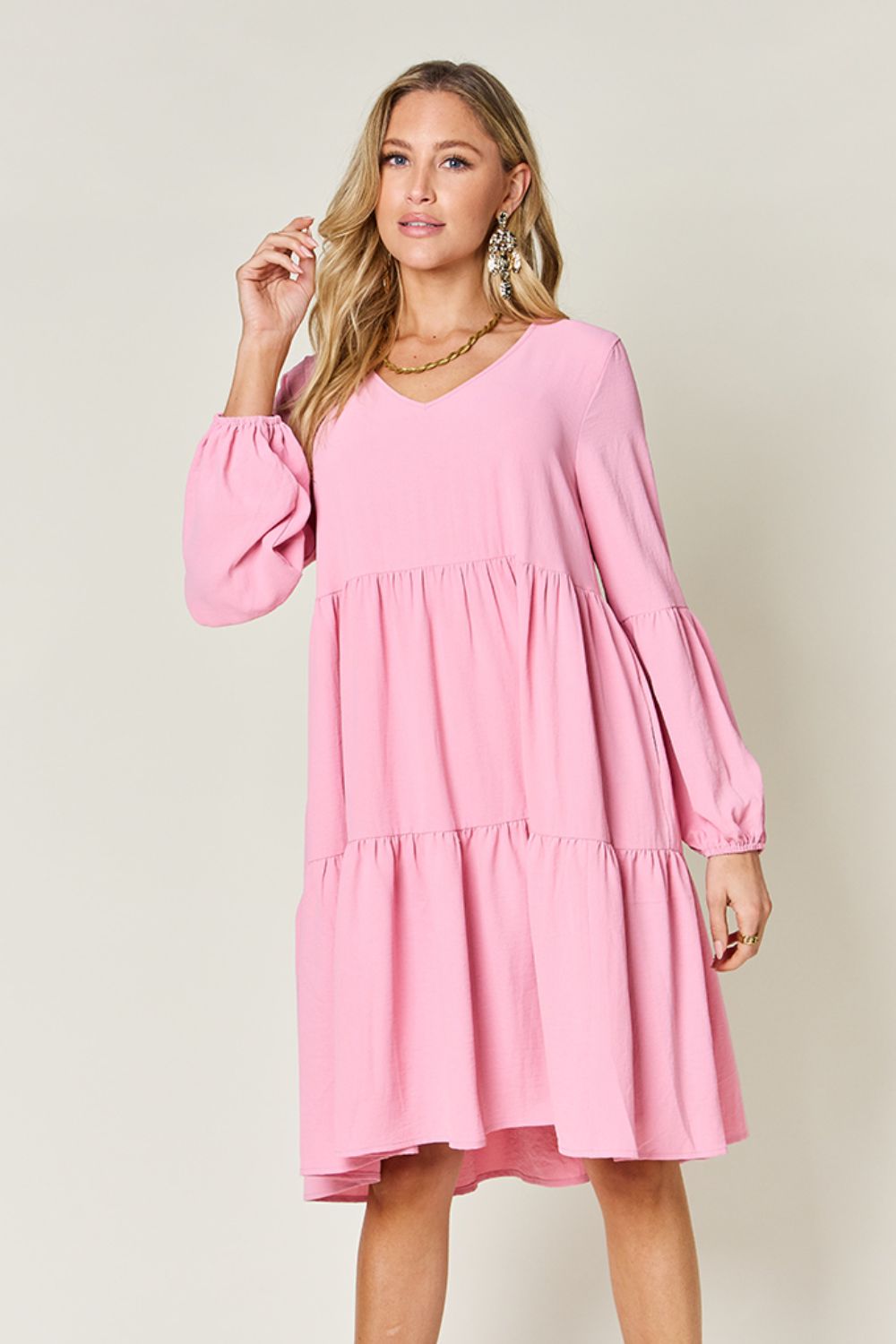 Double Take Full Size V - Neck Balloon Sleeve Tiered Dress with Pockets - Admiresty