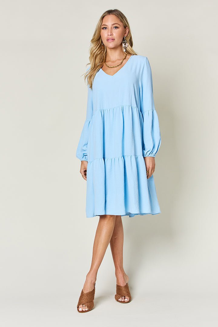 Double Take Full Size V - Neck Balloon Sleeve Tiered Dress with Pockets - Admiresty