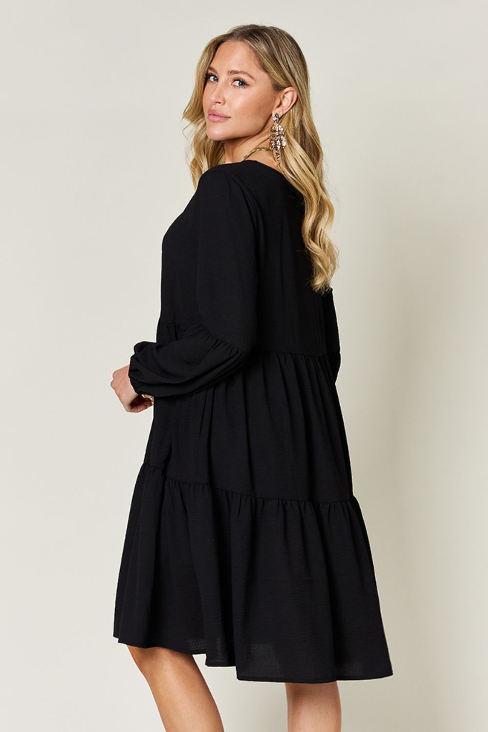 Double Take Full Size V - Neck Balloon Sleeve Tiered Dress with Pockets - Admiresty