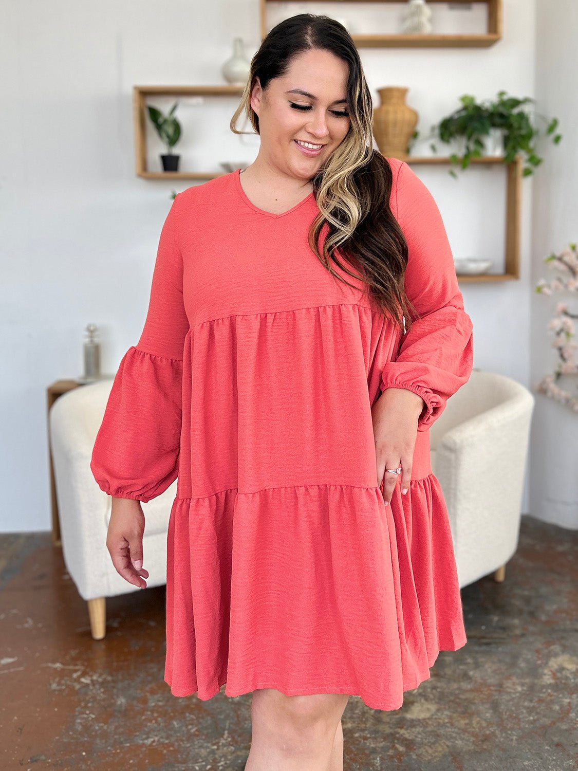 Double Take Full Size V - Neck Balloon Sleeve Tiered Dress with Pockets - Admiresty