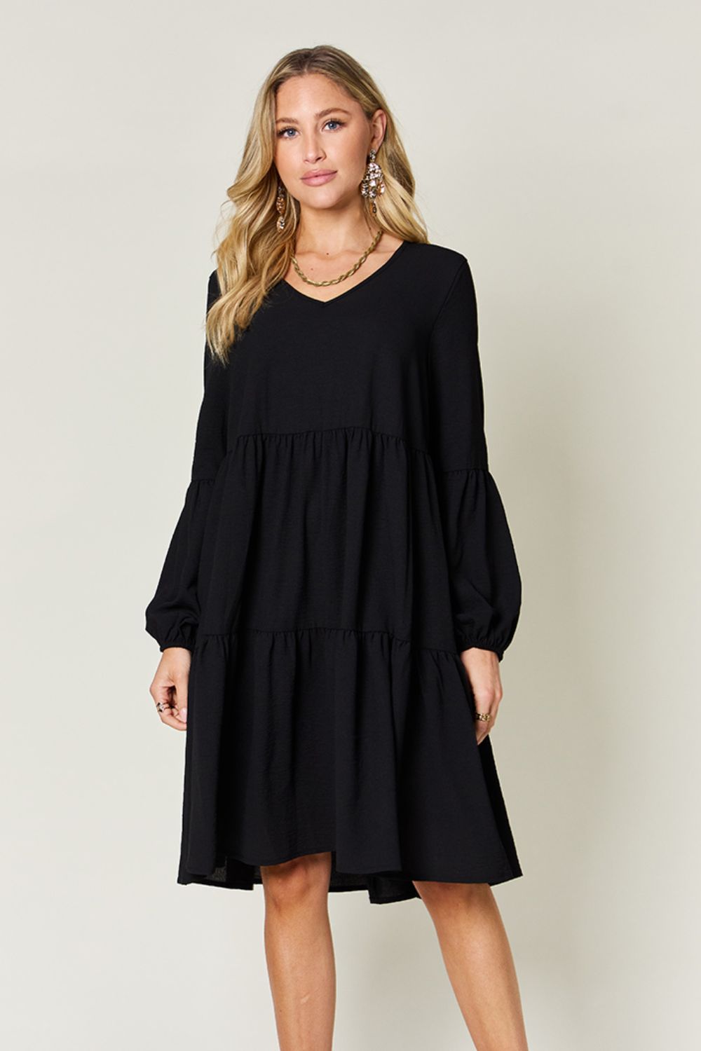 Double Take Full Size V - Neck Balloon Sleeve Tiered Dress with Pockets - Admiresty