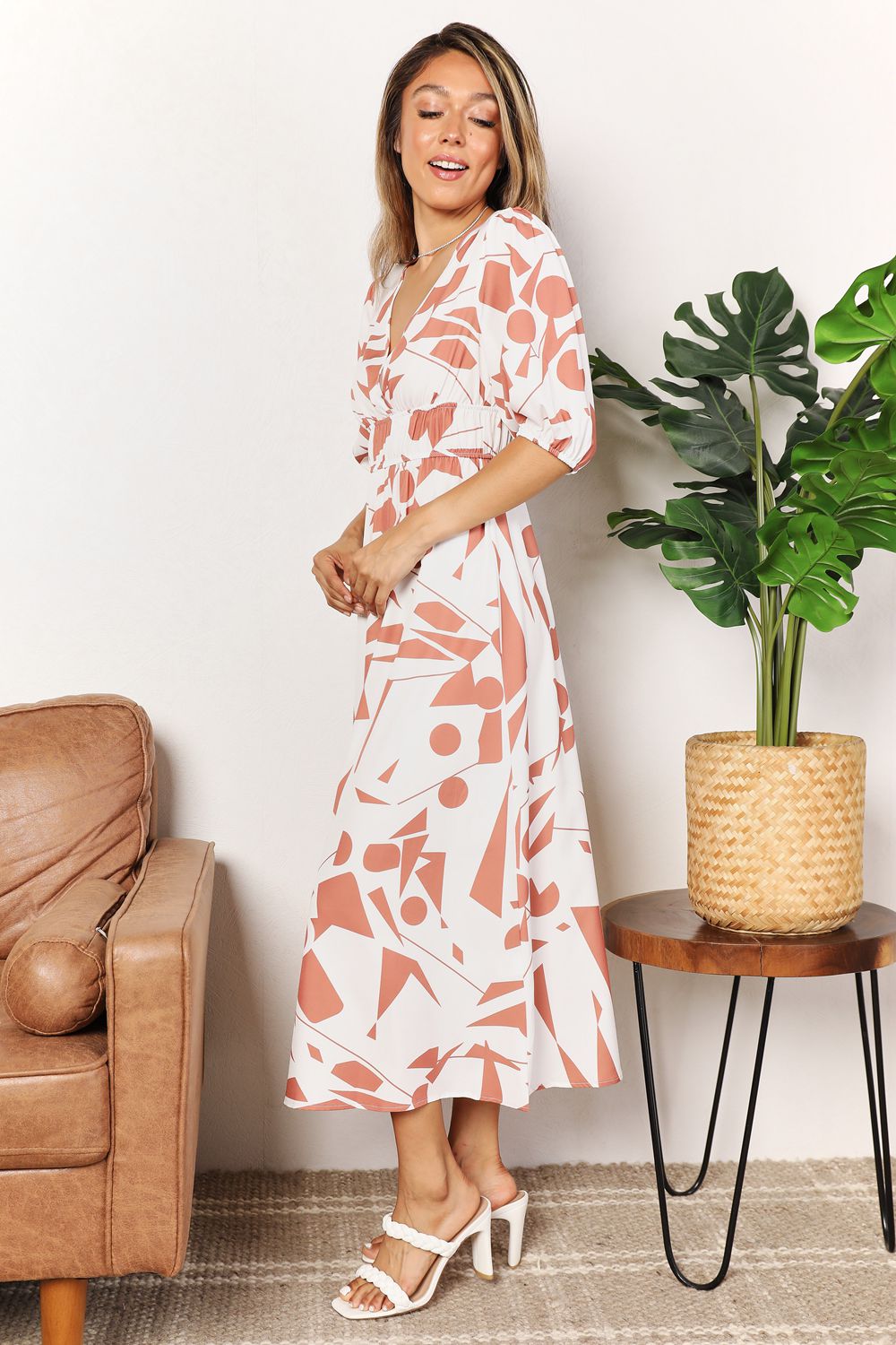 Double Take Printed Surplice Balloon Sleeve Dress - Admiresty