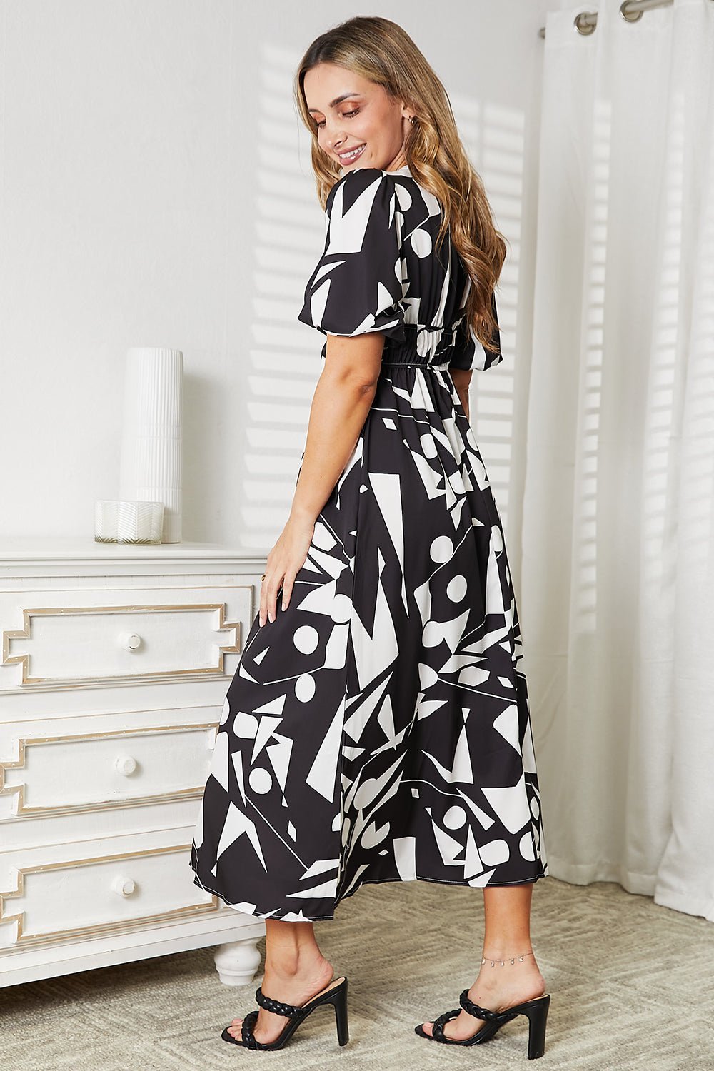 Double Take Printed Surplice Balloon Sleeve Dress - Admiresty