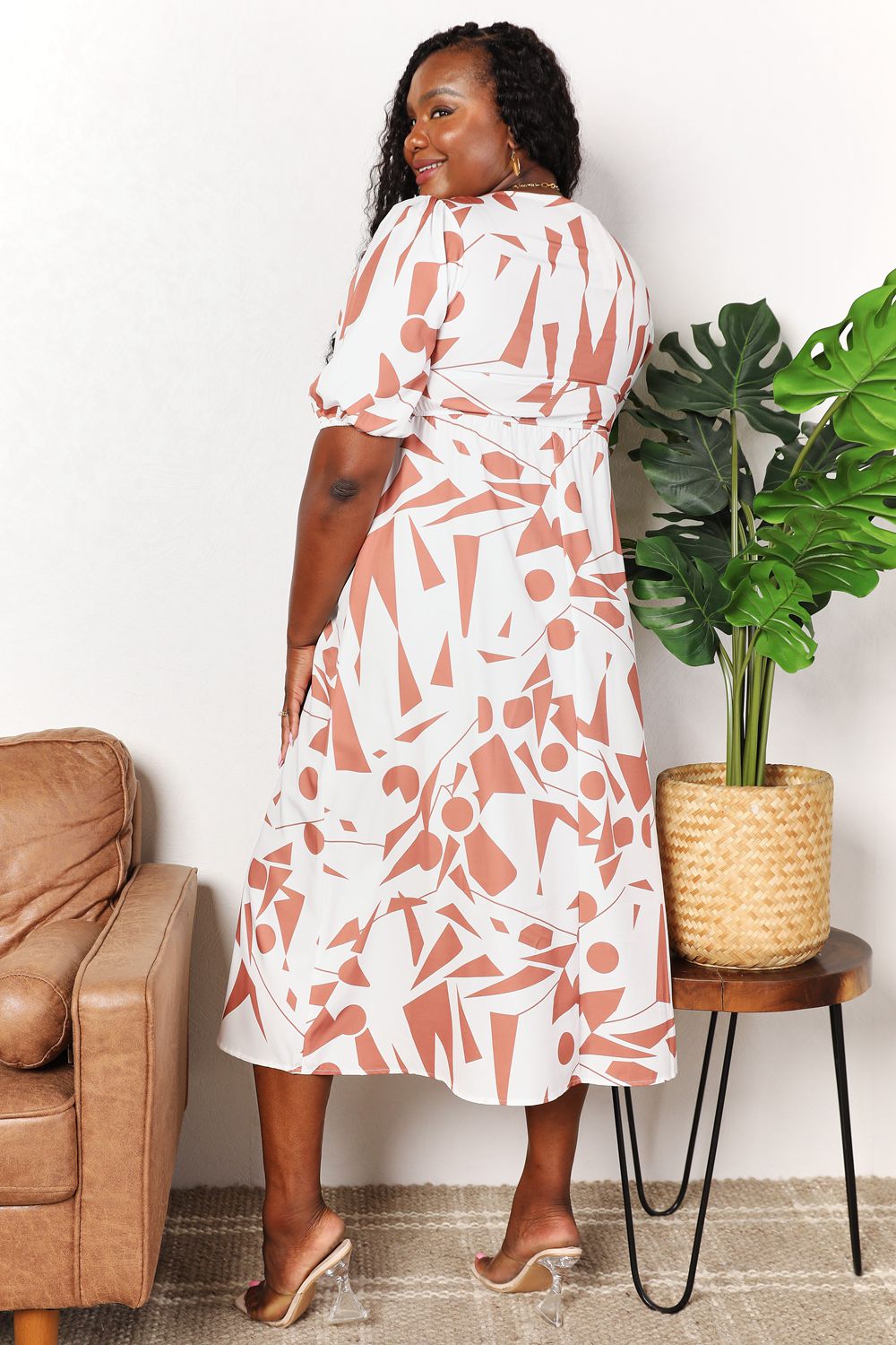 Double Take Printed Surplice Balloon Sleeve Dress - Admiresty