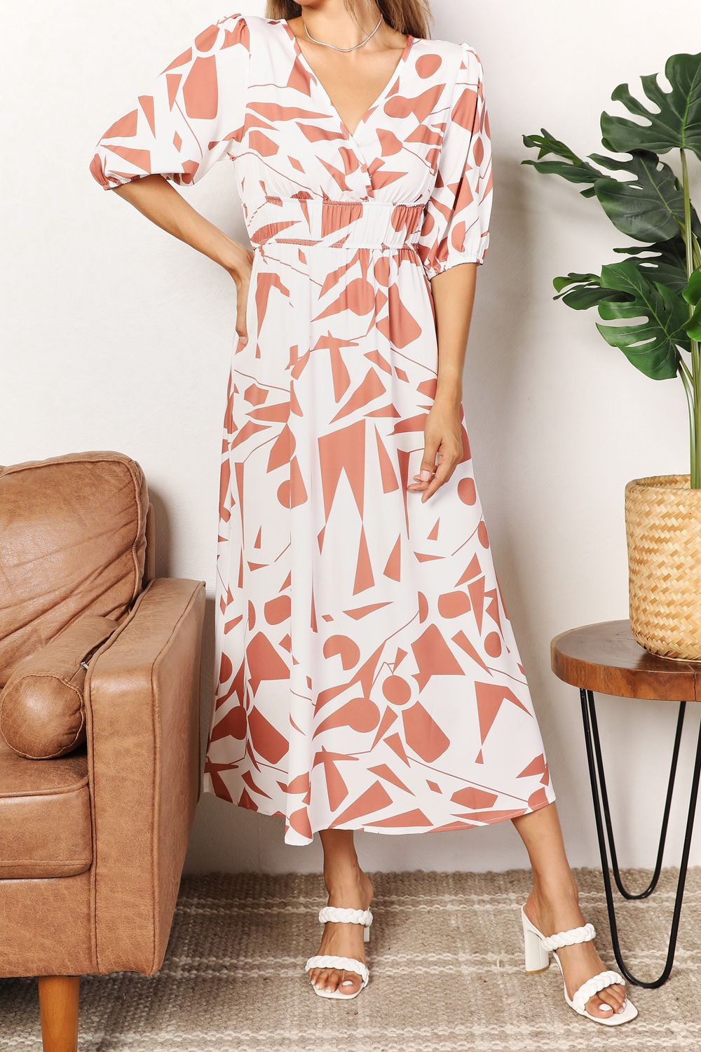 Double Take Printed Surplice Balloon Sleeve Dress - Admiresty