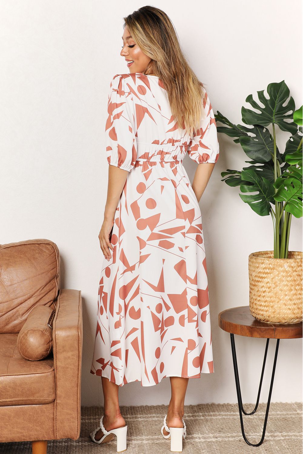 Double Take Printed Surplice Balloon Sleeve Dress - Admiresty