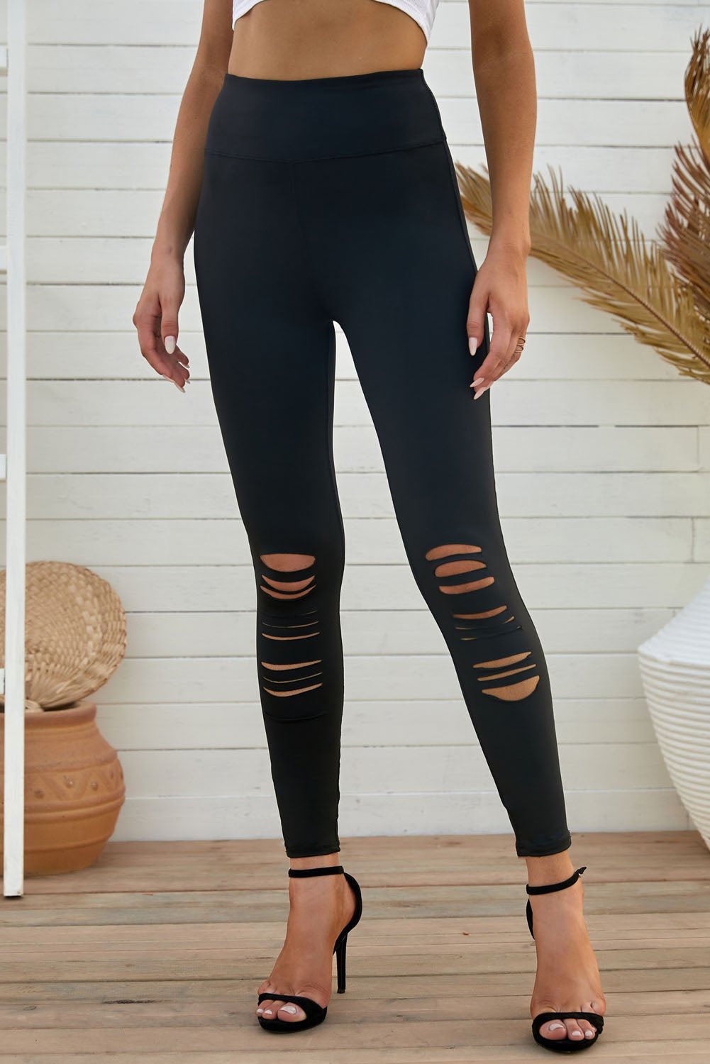 Double Take Wide Waistband Distressed Slim Fit Leggings - Admiresty