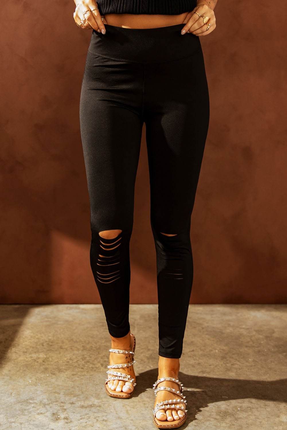 Double Take Wide Waistband Distressed Slim Fit Leggings - Admiresty