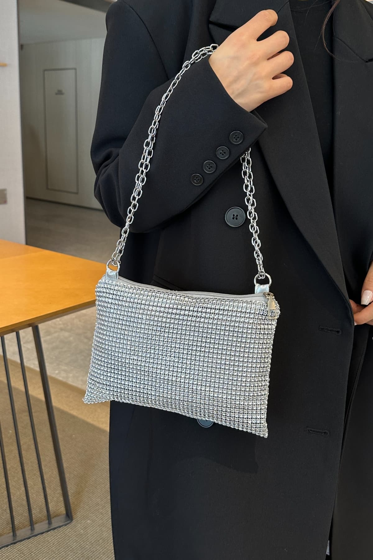 Bolso bandolera de poliéster con cadena y diamantes de imitación