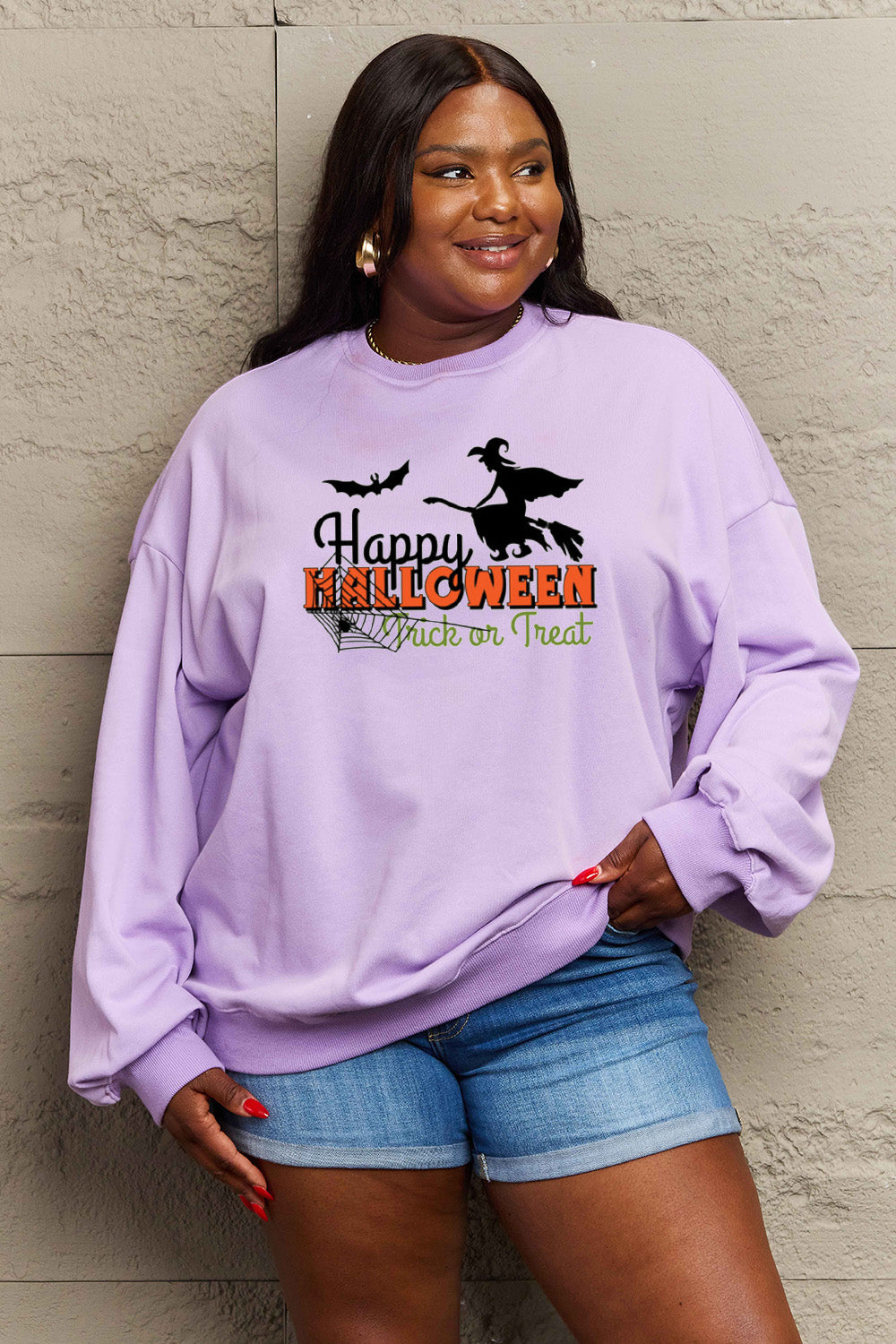 Sudadera con gráfico de tamaño completo HAPPY HALLOWEEN TRICK OR TREAT de Simply Love