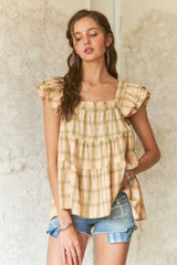 ADORA Ruffled Square Neck Cap Sleeve Babydoll Blouse