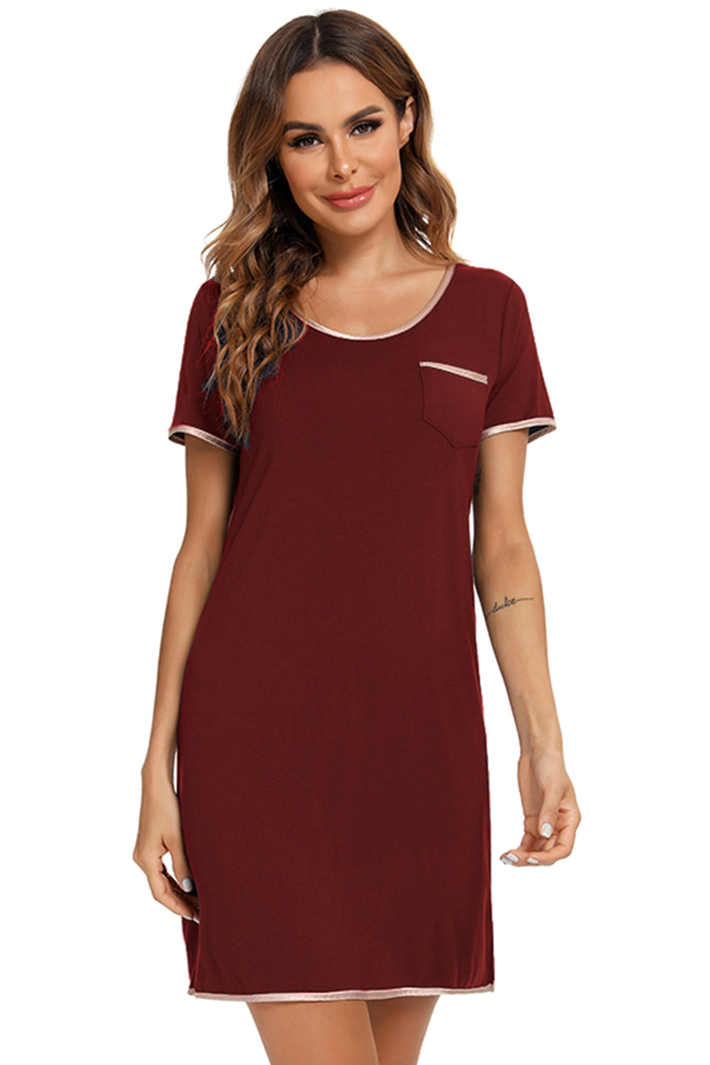 Contrast Trim Pocketed Round Neck Lounge Dress