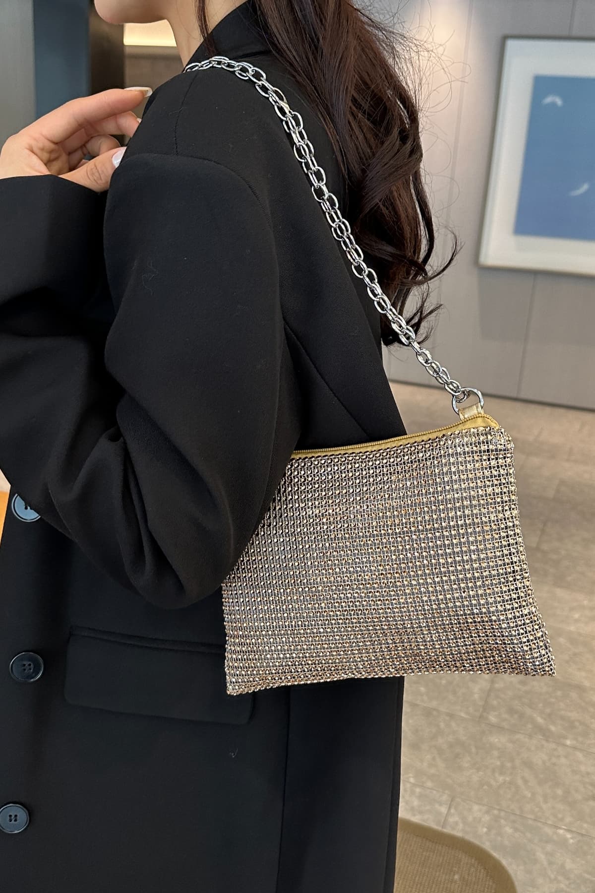 Bolso bandolera de poliéster con cadena y diamantes de imitación