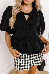 Cutout Round Neck Puff Sleeve Blouse