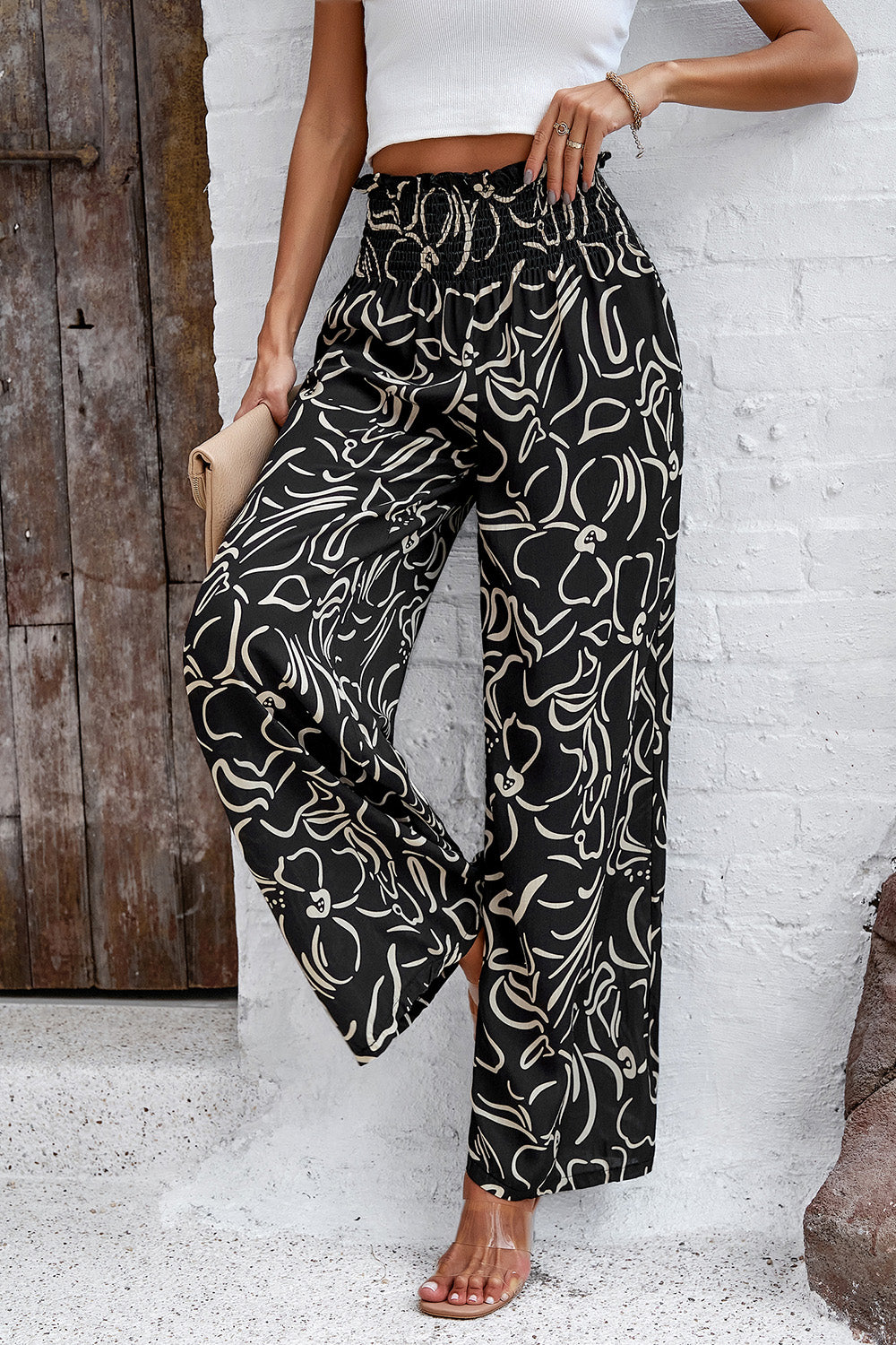 Smocked Printed Wide Leg Pants with Pockets