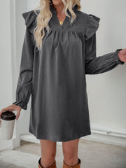 Perfee Ruffled Notched Long Sleeve Mini Dress