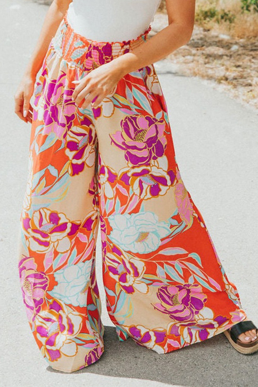 Floral Smocked Wide Waistband Palazzo Pants