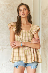 ADORA Ruffled Square Neck Cap Sleeve Babydoll Blouse